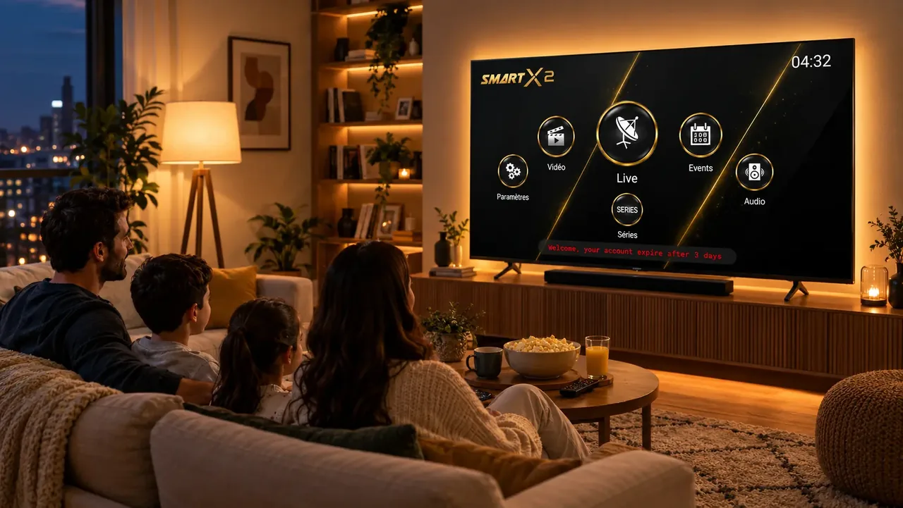 Une famille installée dans son salon regarde Smart X2 sur un grand téléviseur, dont l'écran d'accueil affiche les rubriques Live, Séries, Vidéo, Events et Audio.